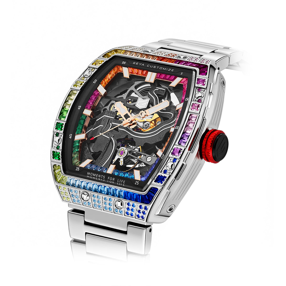 Montre automatique squelette en zircon arc-en-ciel
