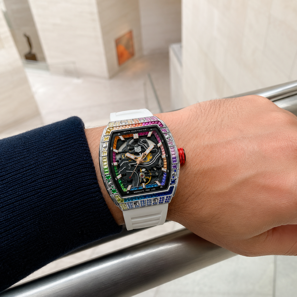 Montre automatique squelette en zircon arc-en-ciel