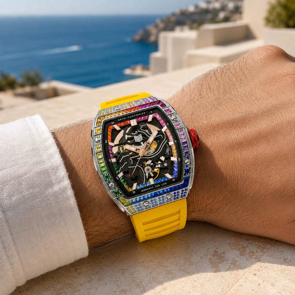 Montre automatique squelette en zircon arc-en-ciel