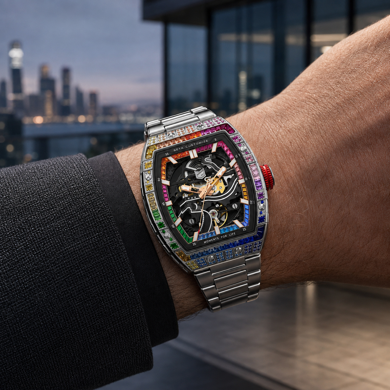 Montre automatique squelette en zircon arc-en-ciel