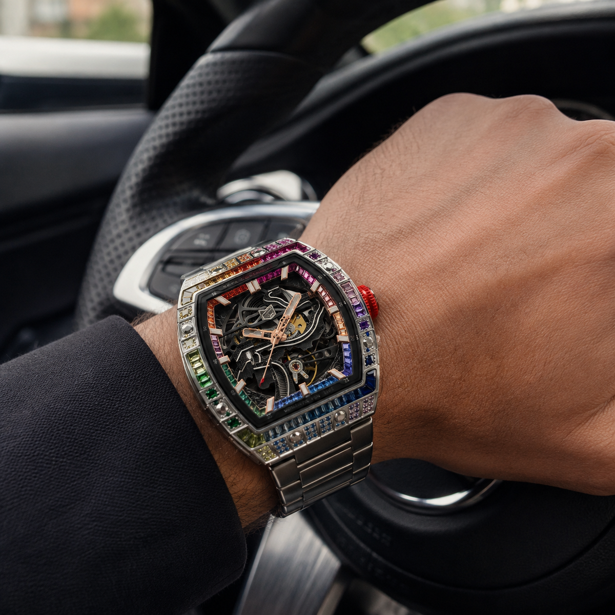 Montre automatique squelette en zircon arc-en-ciel