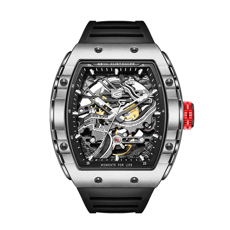 Front view of the GEYA G78135 automatic watch showing its winding crown