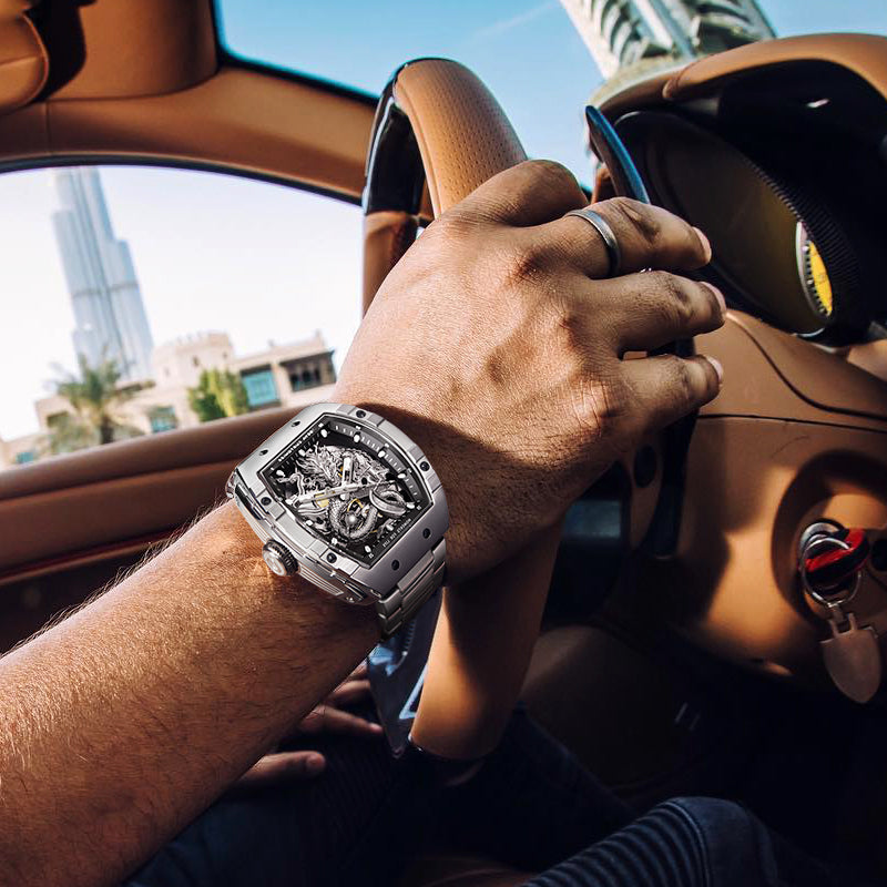 GEYA G78161 automatic skeleton watch worn in an everyday driving setting