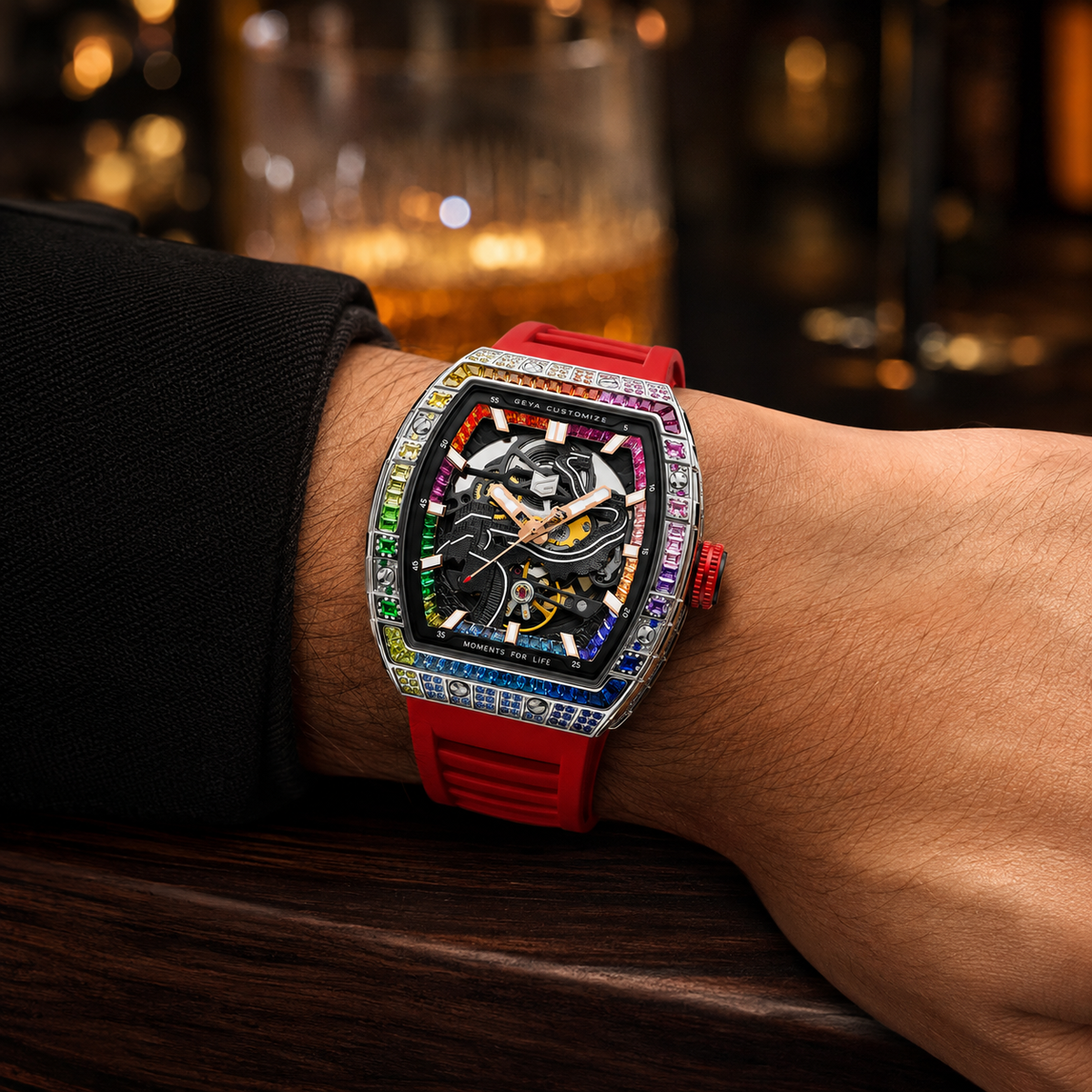 Montre automatique squelette en zircon arc-en-ciel