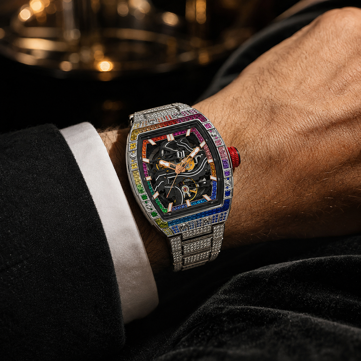 Montre automatique squelette en zircon arc-en-ciel