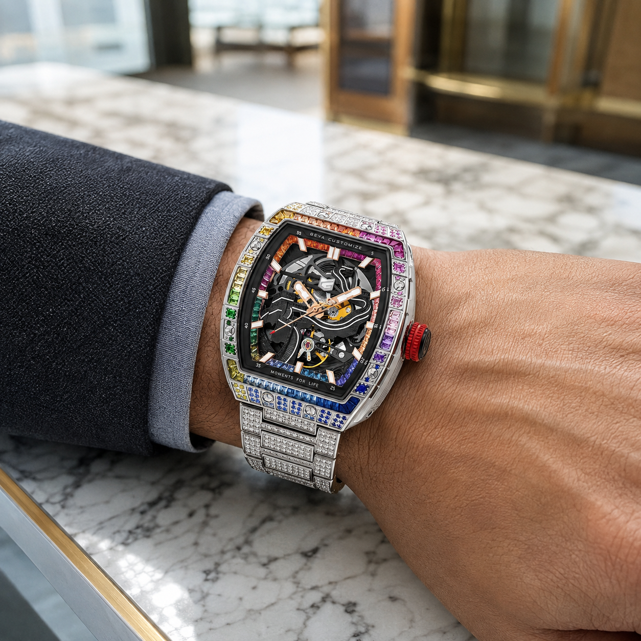 Montre automatique squelette en zircon arc-en-ciel