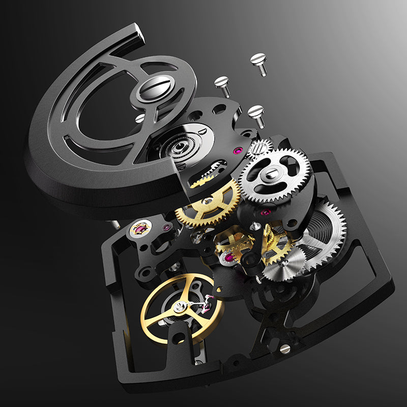 Exploded view of a GEYA automatic mechanical movement showing the rotor, gears and balance assembly